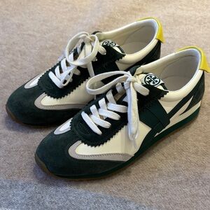 Tory Burch Hank Trainors in Dark Green, White & Yellow Suede Leather